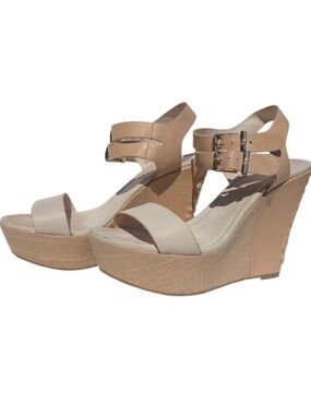 VTG Elliott Lucca Cream Leather Platform Wedge Sandals Size 7.